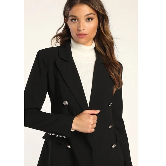 Lulus Captain’s Blog Black Double-Breasted Coat Size Small Neutral Jacket - Picture 9 of 12